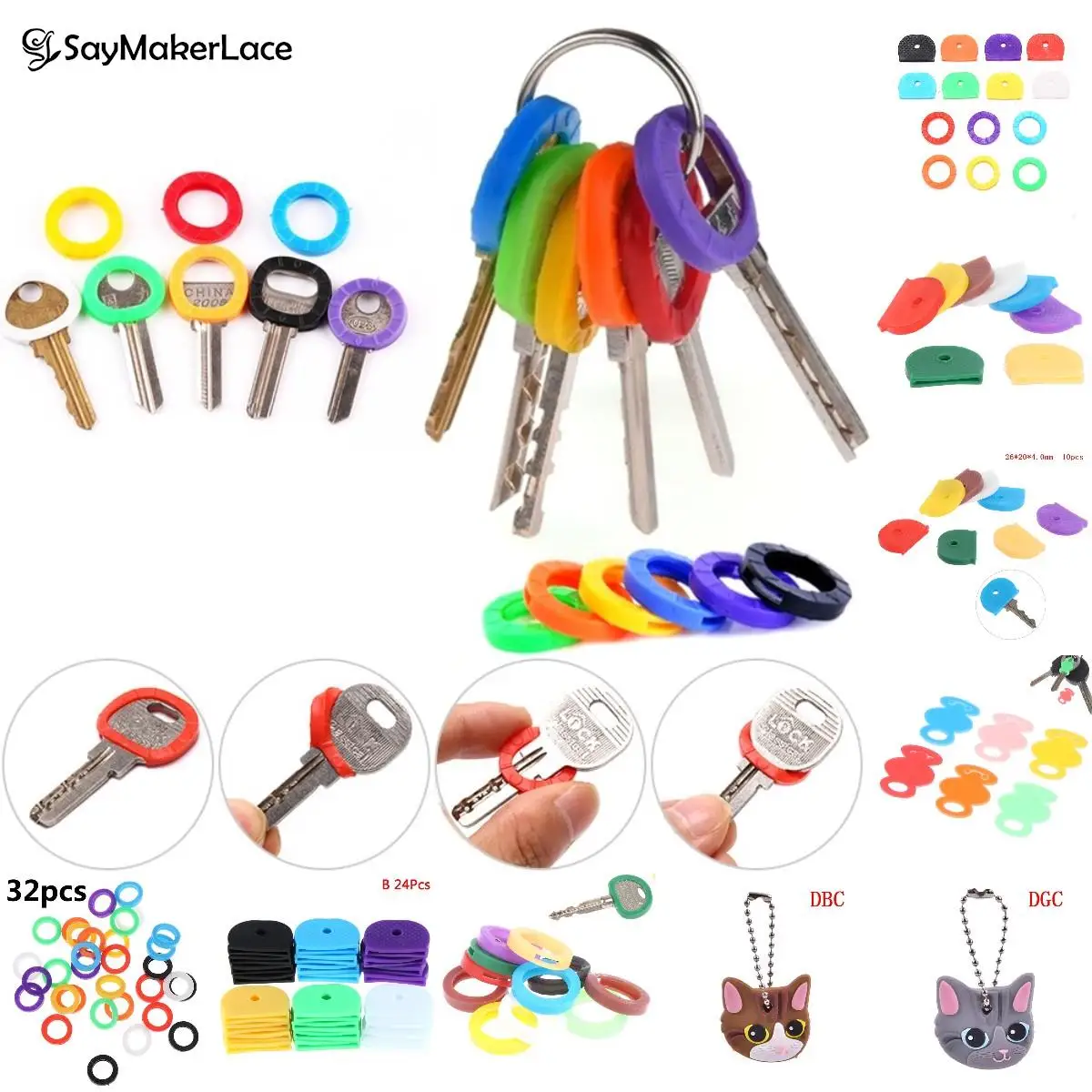 1/10/24/32/50Pcs Elastic Case Keyring Rubber Soft Keys Locks Cap Topper Head/Caps/Tags/ID Markers Mixed Toppers Random