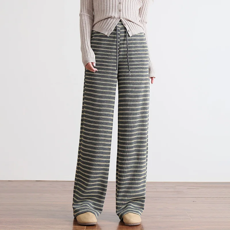 أسود فضفاض يشعر السراويل الخريف مرونة مريحة نسخة ضيقة الطابق طول واسعة الساق السراويل مخطط السراويل الأرز الدبق #3