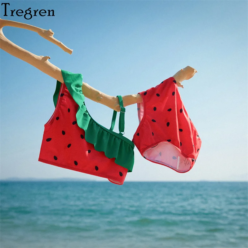 

Tregren Little Girls Bikini Set Ruffled Watermelon Seeds Swimsuit Off Shoulder Swimwear Summer Bathing Suit Swimming Beach Wear