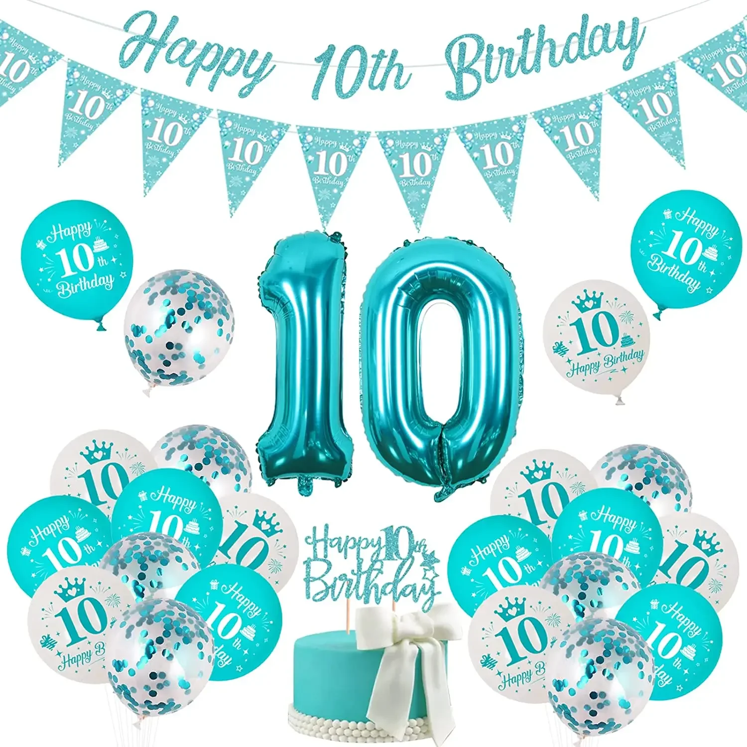 10th Birthday Party Decorations Girls Teal Blue Double Digits Bunting Banner Blue Balloons 10 Year Old Birthday Party Supplies