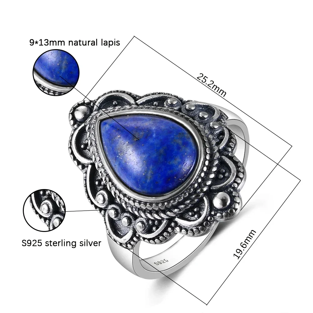 Natural Lapis Ring 925 Sterling Silver Rings for Women Men Drop Shaped Stone Fine Jewelry Gift Retro Party Finger Ring