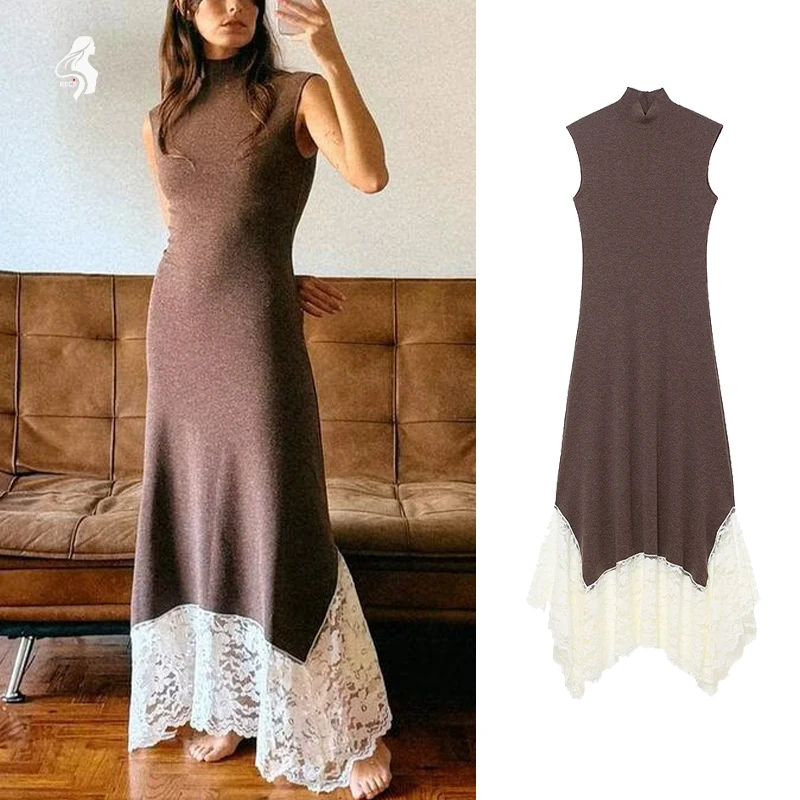 Robe longue asymétrique à col mi-haut pour femmes, avec bordure en dentelle, ourlet asymétrique, élégante et élégante, doit avoir Trafizaran