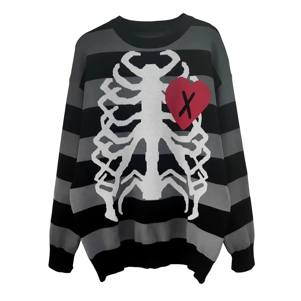 2024 Autumn/Winter New Sweater Gothic Bone Love Laugh Striped Top Warm Sweater y2k Fashion Niche Dressing Sweater