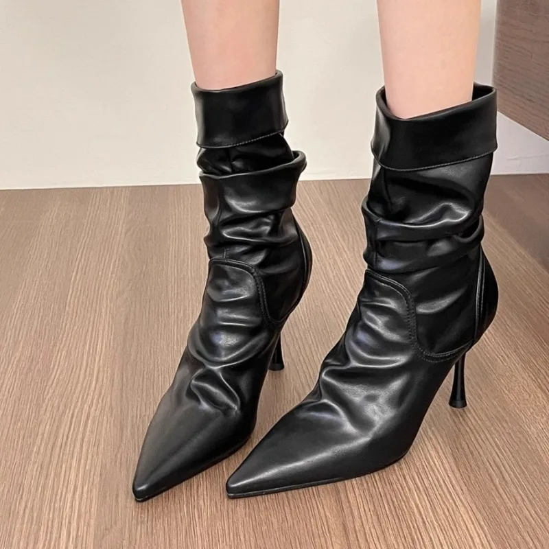 

Back Zipper High Heels 2025 Gothic New Women's Pointed Toe Ankle Boots Designer Casual Party Comfortable Ladies Nude Boots