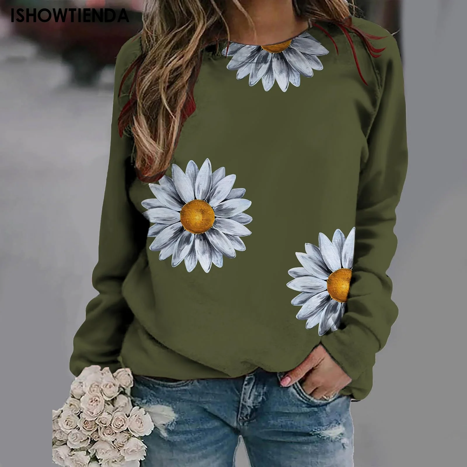 

Women's Pullover Top Little Daisy Print Streetwear Women Long Sleeve Y2k Oversized Long Sleeve Round Neck Woman Sweatshirts