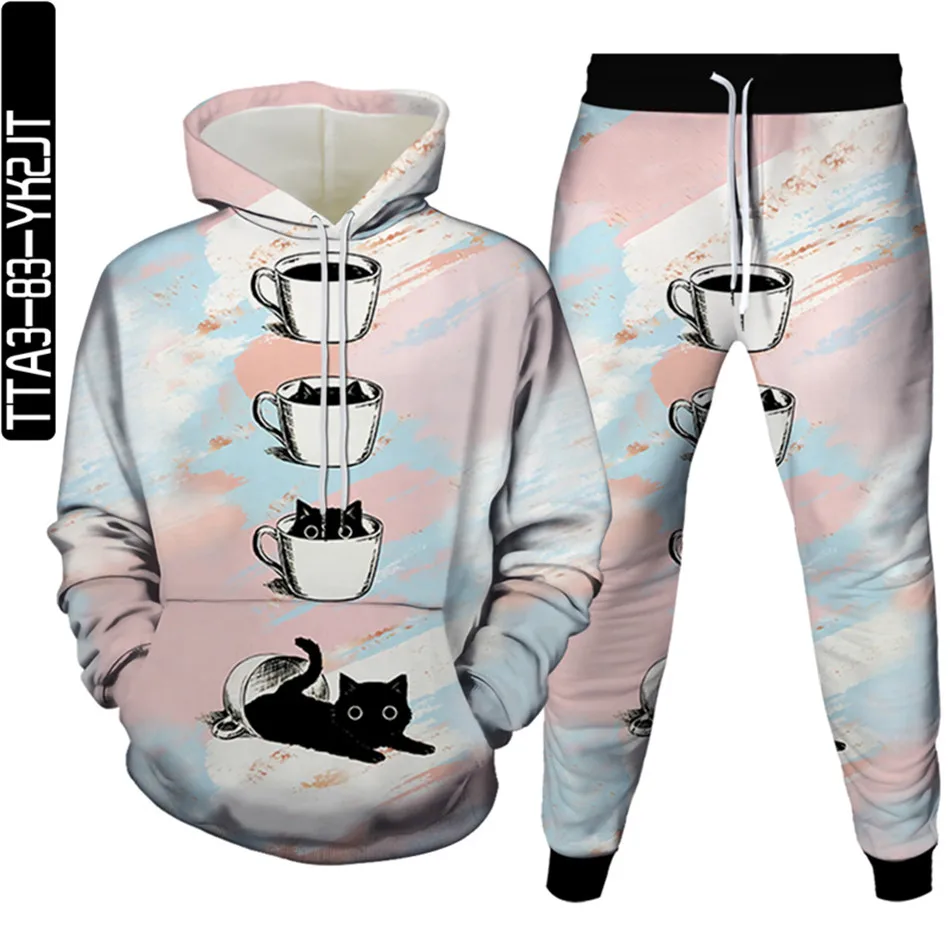 Animal Cartoon Cat 3D Print Tracksuit Sets Hoodies+Trousers Men Fashion Sportwear Clothing 2pc Women Sweatshirt Sweatpants Suit