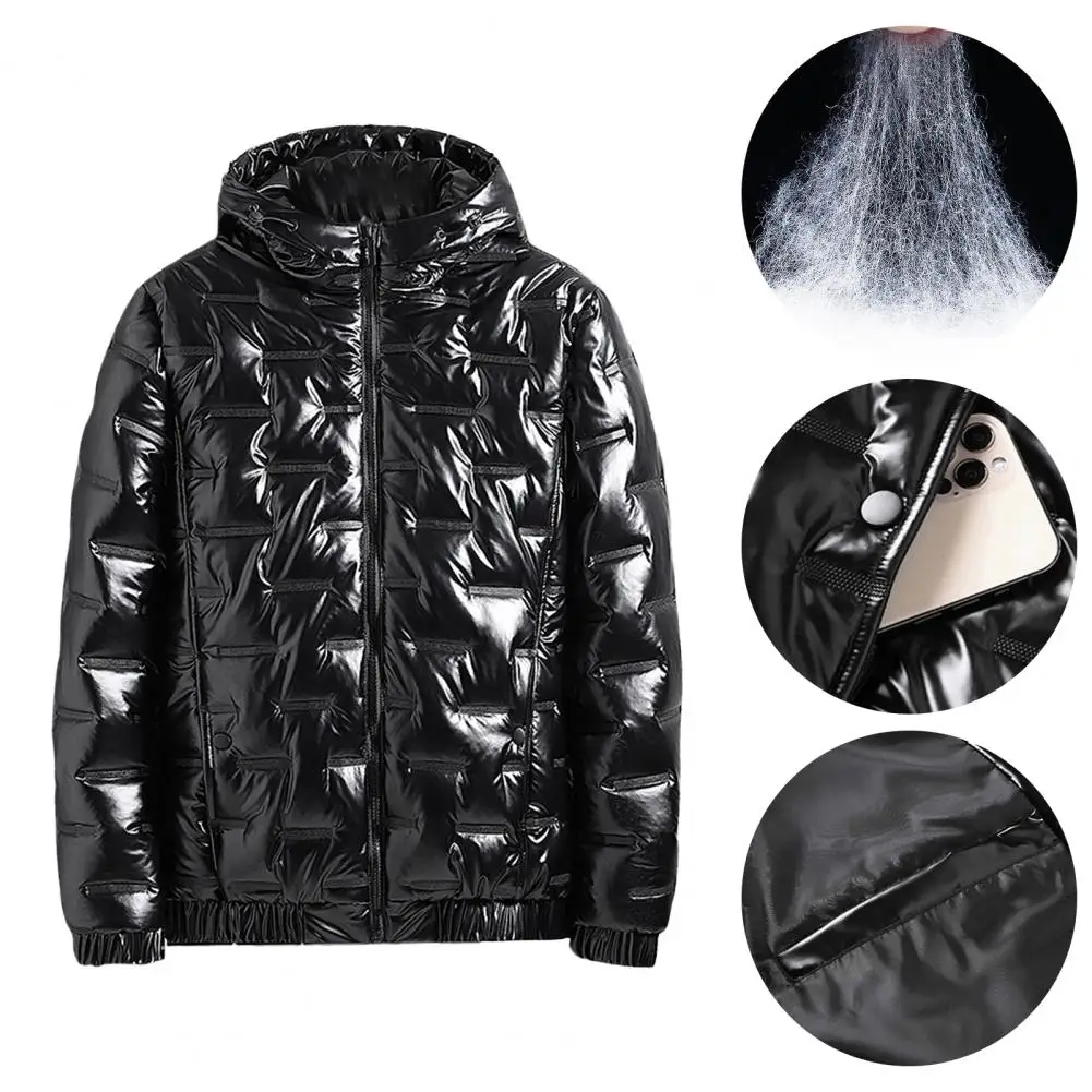 Men Jacket Bright Surface Hooded Fluffy Filling Windproof Winter Embossing Cotton Padded Windbreaker Overcoat Duck Down Parkas