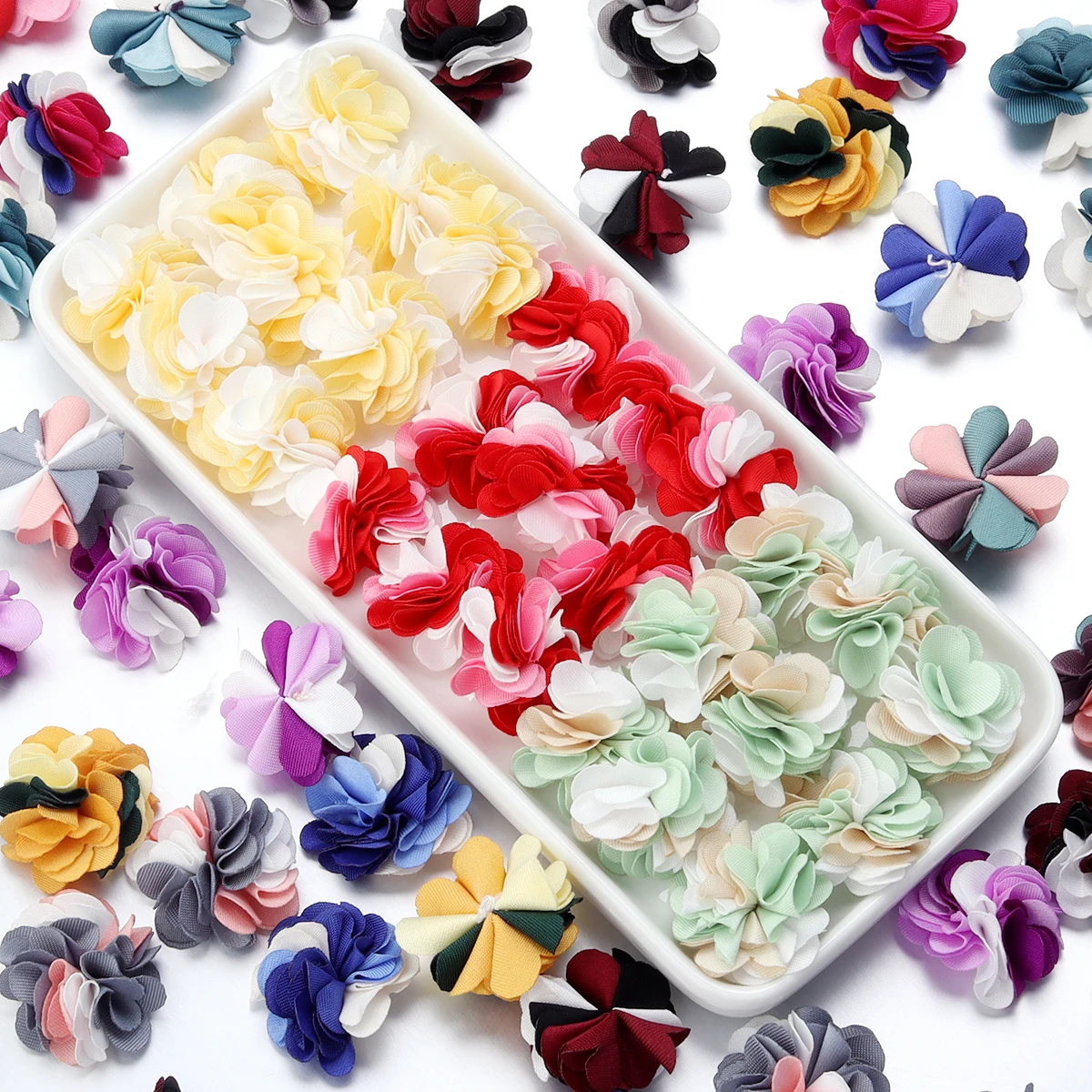 10 Stück Stoff-Blume, 2,5 cm, 3 Farben, handgefertigte Boutique-Blumen für DIY-Kopfbedeckungen, Sammelalbum, Hochzeitsdekoration, Zubehör