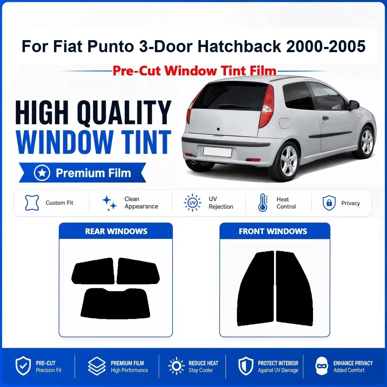 High Grade Pre-Cut Car Window Tint For Fiat Punto 3-Door Hatchback 2000-2005 Front & Rear Windows UV Heat Rejection Privacy Film