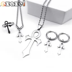 Stainless Steel Jewelry Set Cross Ankh Key of Life Egyptian Necklace Bracelet Ring Earring Egypt Hieroglyphs Crux Ansata Gifts