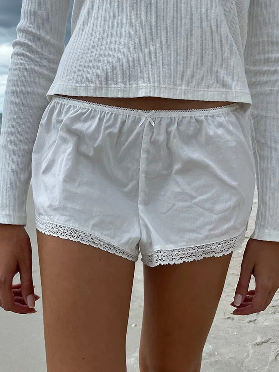 Short bouffant en dentelle avec nœud mignon pour femme, short de détente décontracté, taille élastique solide, short de plage, pantalon de fête, streetwear Y2K, nouvelle mode