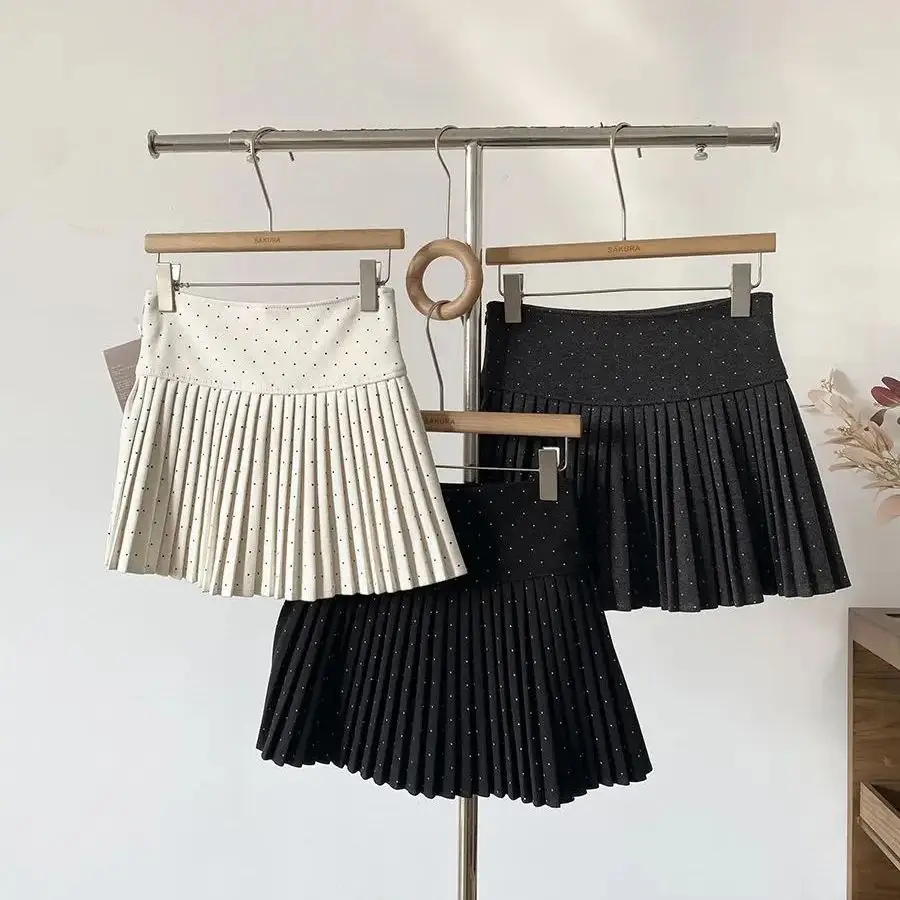 

Новая весенняя мини-юбка в горошек для женщин, модная, с высокой талией, облегающая, А-силуэт, шерстяная, короткая плиссированная юбка в стиле преппи для студенток