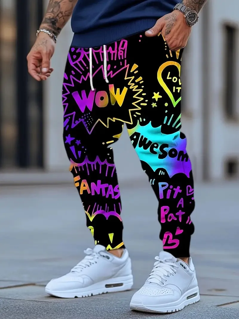 

Уличная спортивная мода, спортивные штаны с принтом граффити, осенние мужские повседневные спортивные штаны с карманами и шнурком, спортивная одежда на открытом воздухе