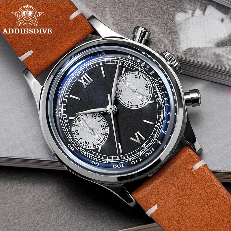 

ADDIESDIVE 38mm VK64 Men‘s Watch Quartz Chronograph Watch 316L Stainless Steel 100m Waterproof Wristwatch Bubble Dome Glass