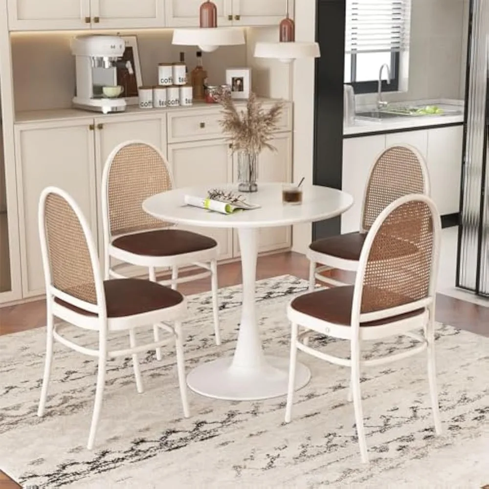 Round Dining Table, 32” White Round Table with 0.9” Thickened Circle Table Top & Metal Pedestal Base