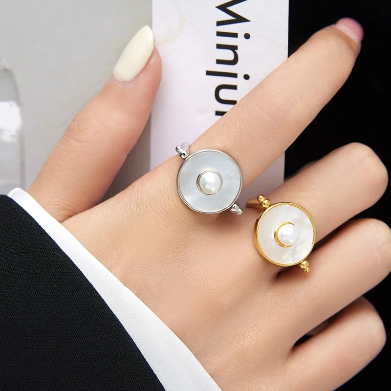 New 925 Silver Jewelry White Shell Rotating Freshwater Pearl Women's Ring Adjustable Free Shipping