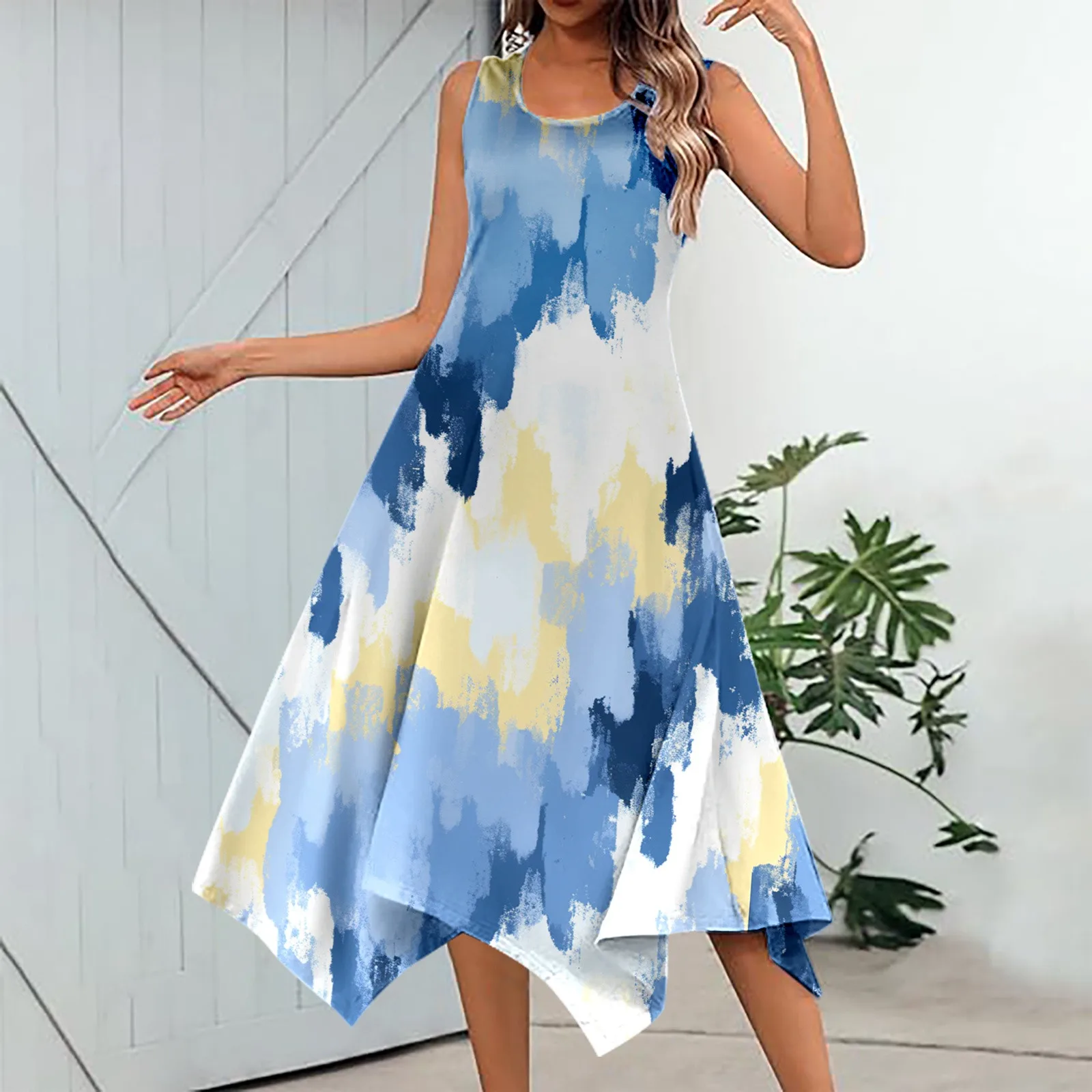 New Summer Dress Women senza maniche Hankerchief Hem Dress Retro Flower Print Midi Tank Dress abito da vacanza Casual con tasche