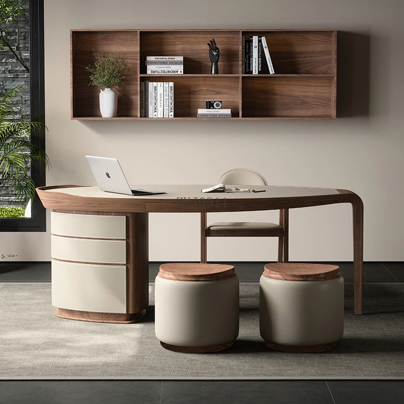 Retro solid wood saddle leather desk, office Italian study writing desk computer desk