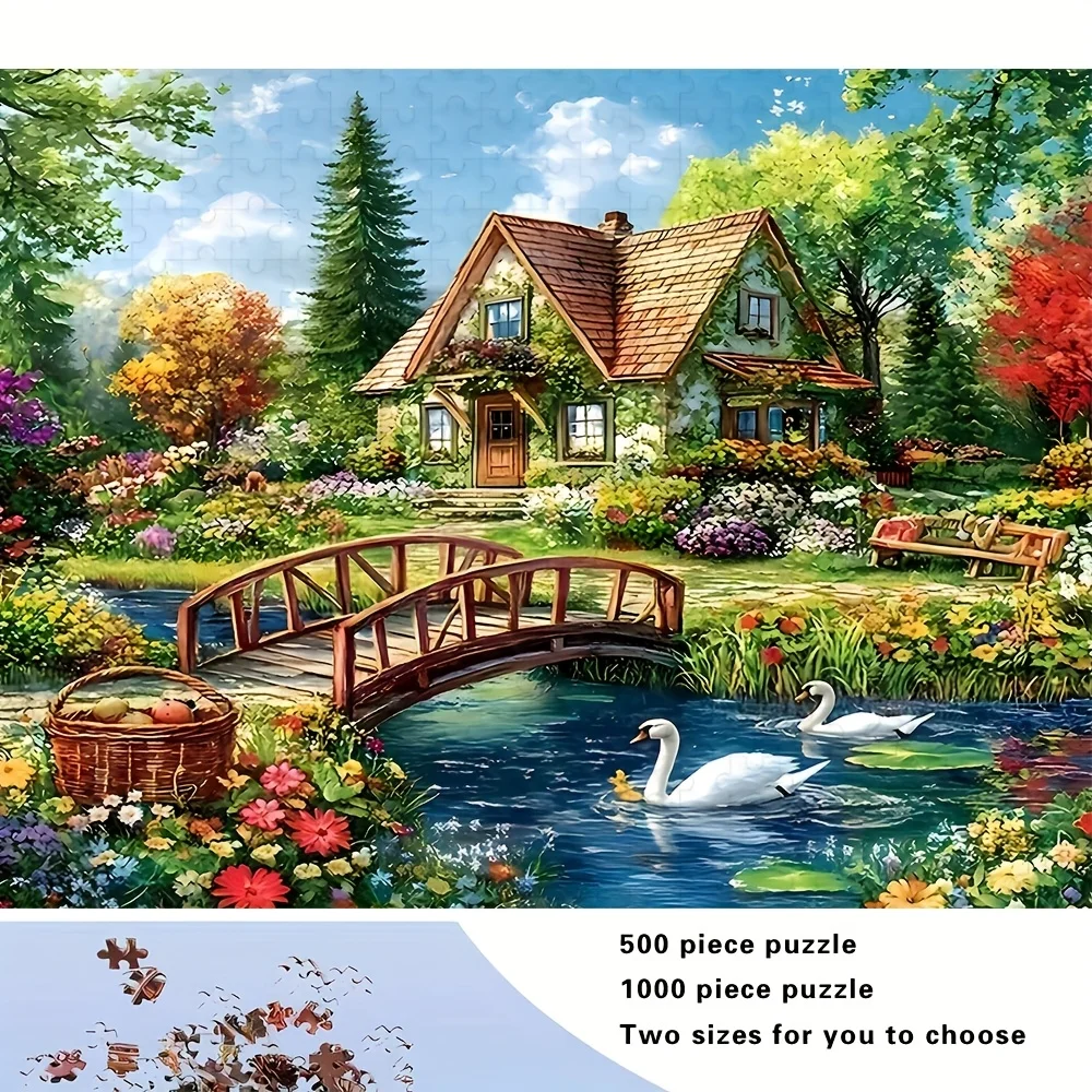 Idyllic Cottage Tapestry Wall Hanging, Countryside House with Swan Pond and Flower Garden, Wooden Bridge Landscape Home Decor