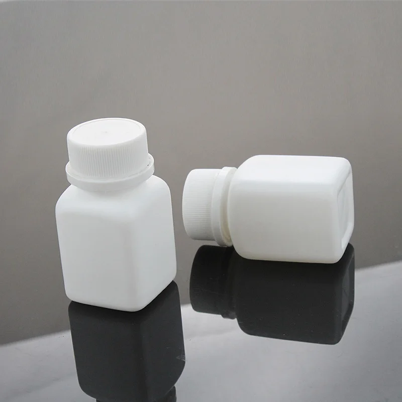 50/100 garrafas plásticas potable do comprimido da vitamina do hdpe da forma quadrada branca vazia 30cc 30ml dos pces com tampas invioláveis dos tampões para a medicina