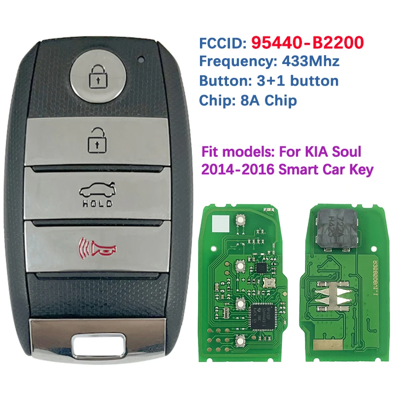 

CN051150 Aftermarket 4 button Smart Key Keyless Go Remote 8A Chip 433Mhz FCC CQOFN00100 95440-B2200 For Kia Soul 2014-2016