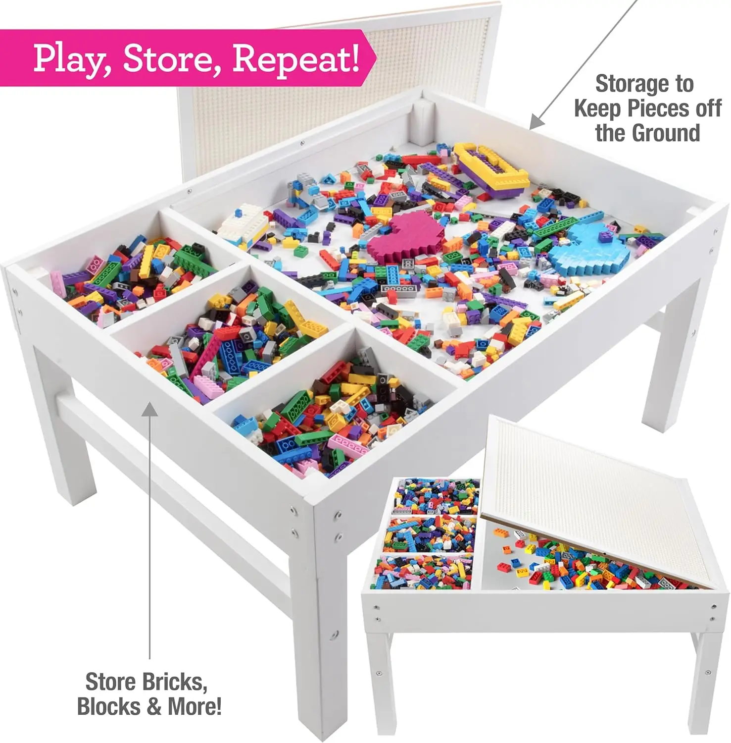 Brick Construction Play Table w 4 Storage Compartments & 1000 Rainbow Bricks- Build & Stack Block Pieces on Tabletop Baseplate G