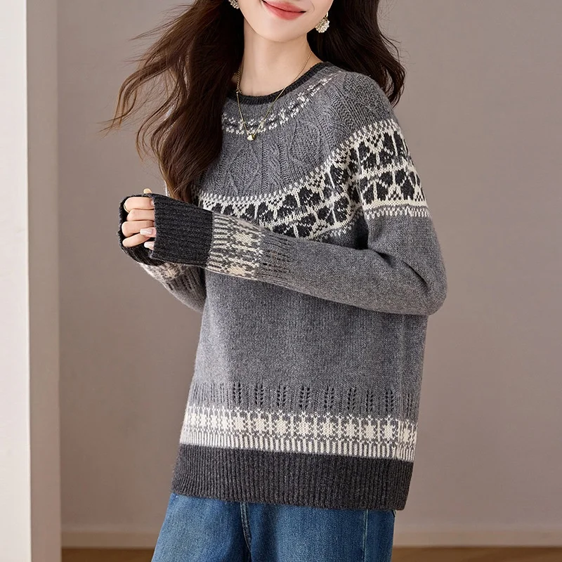 Birdtree, 100% schapenwol gebreide trui, dames retro jacquard warmte tops, o-hals volledige mouw, 2025 herfst/winter trui T5N304JF