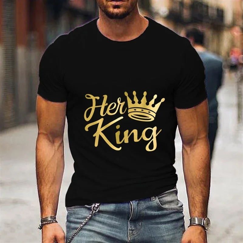 Her King His Queen Funny T-Shirt Couples Matching T-Shirt Golden Crown Print Short Sleeve Wife Husband Fashion Lovers T-shirt