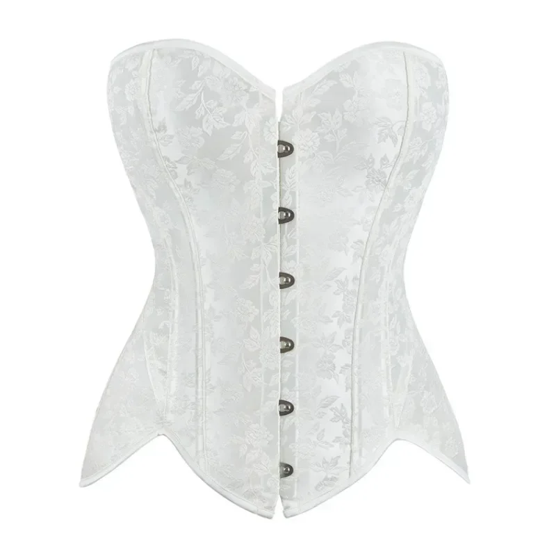 

White Corsets And Bustiers For Women Top Sexy Corselet Jacquard Satin Long Torso Overbust Brocade Corselette