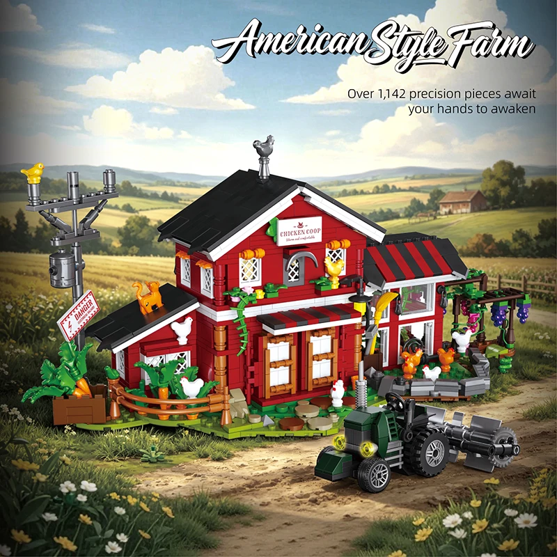 City View MOC Building Blocks Model Western Ranch Farmhouse Windmill Cabin Chicken Coop Horse Stable Bricks Toys Adult Gift