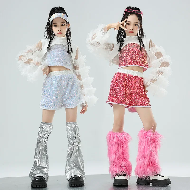 

Костюм для джазового танца для девочек, детский костюм для уличных танцев в стиле хип-хоп, костюм для подиума модели из сетки с блестками