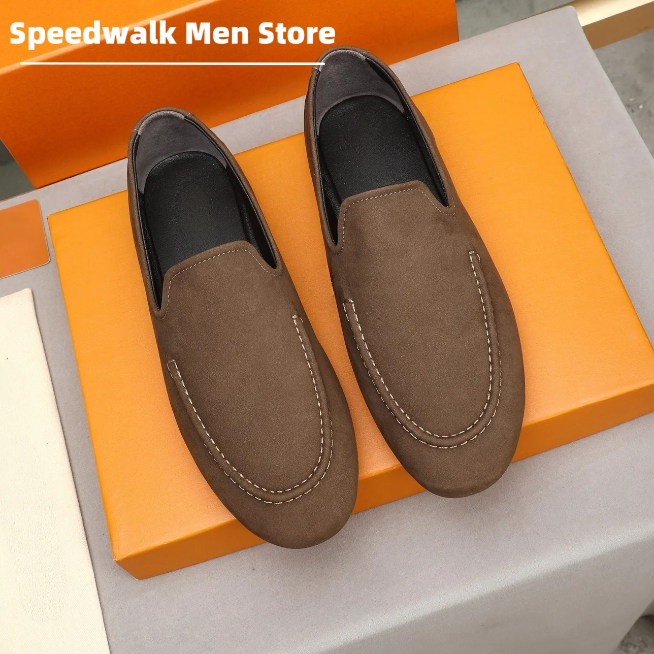 Men Slip On Soft Suede Loafers Hand Stitched Edge Flat Anti Slip Sole Comfortable Business Casual Driving Daily Walking Shoes