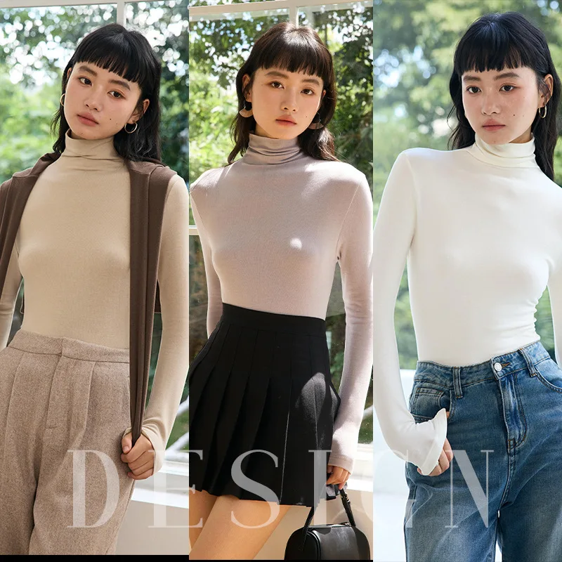 قميص Lyocell Turtleneck الأساسي للنساء، خريف وشتاء، Lenzing Tencel، التخسيس، سترة محبوكة، بلوزة طويلة دافئة من الصوف