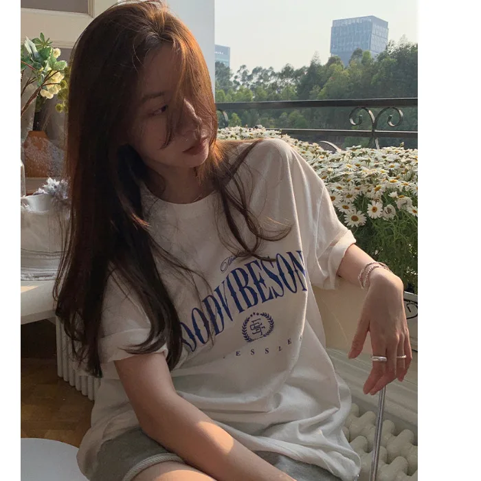 Slimming Floral Print ort Sve T-irt Women's Loose Fit round Ne Korean Sle Casual Cotton Top for Summer