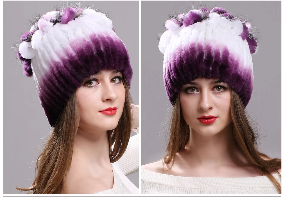 Strickmütze für Damen, 100 % echte Rex-Kaninchenfellmütze mit Blumen, Oberteile, warme, hochwertige Beanie-Damenmütze aus echtem Pelz für den Winter – Detail 34