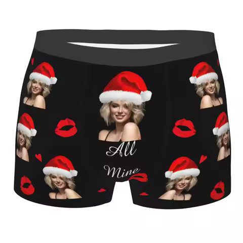 Christmas Custom Personalized Face Photo Men Long Underwear Boxer Briefs Shorts Panties Funny Breathable Underpants