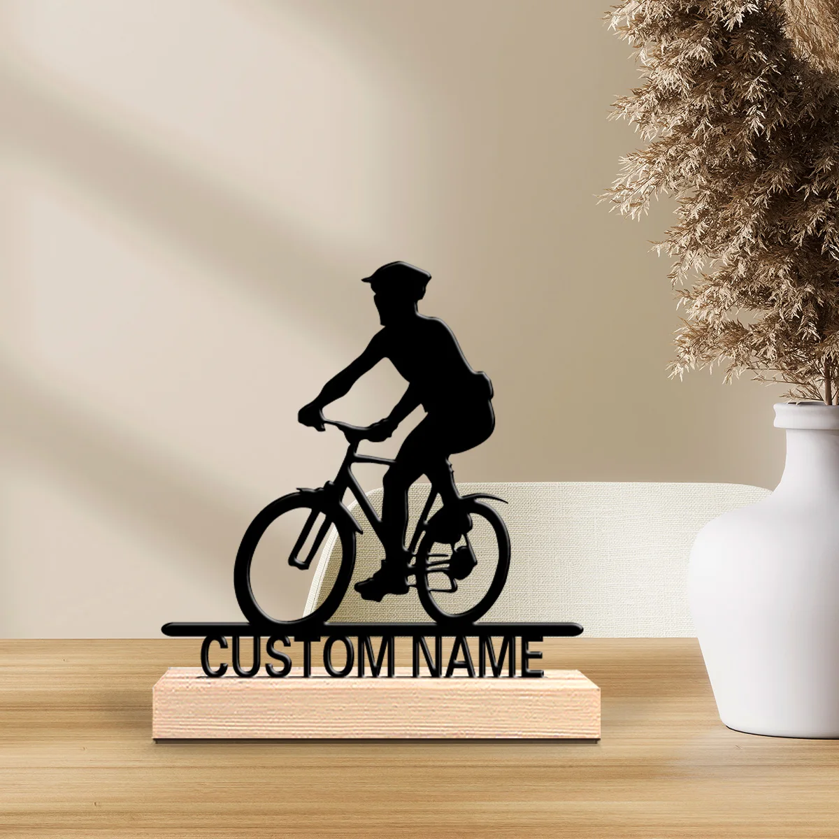 1 pièce Statue métallique personnalisée et originale sur le thème de la cyclisme, avec base en bois moderne, pour décoration de bureau et de salon, d'inspiration naturelle