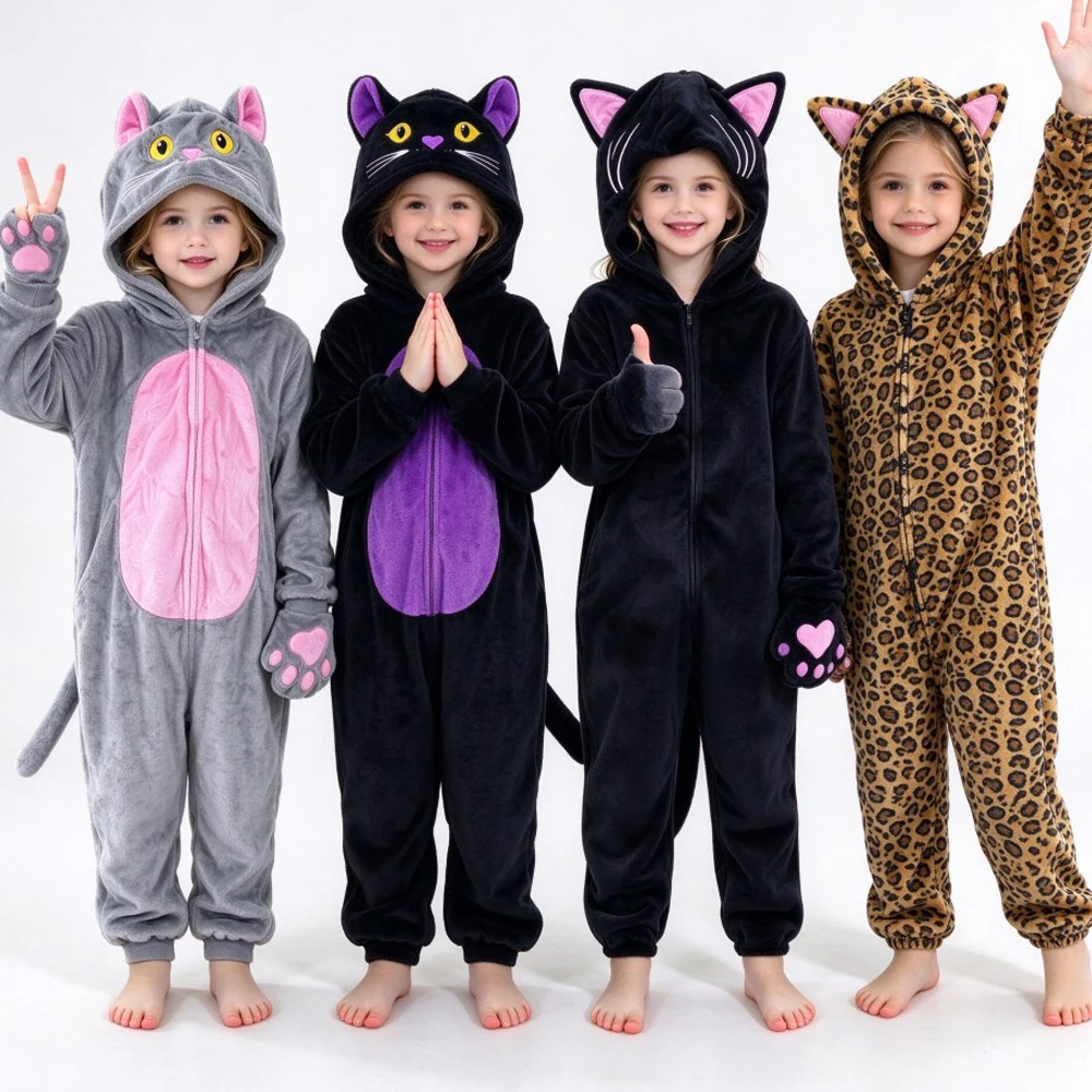 Kigurumi Onesies Cat Leopard Kids Pajamas Winter Thicken Warm Jumpsuit Pink Black Purple Pijama Anime Cosplay Halloween Costumes