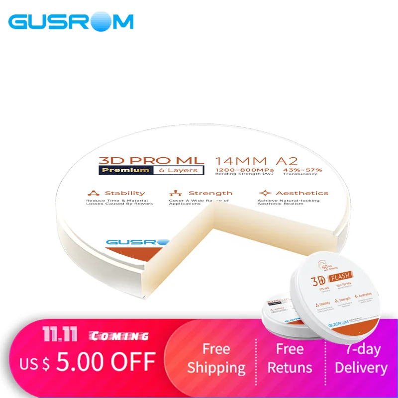

Gusrom 3D PRO ML Premium 98*14mm A3 Zirconia Dental Block For mass dental bridge production