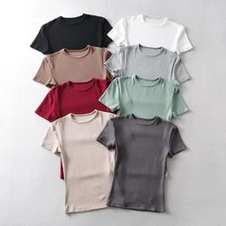เสื้อยืดรัดรูปผู้หญิงใส่ฤดูร้อนลำลองรัดรูปเสื้อยืดคอกลมพิมพ์ลายแขนสั้นเสื้อเอวลอยสีพื้น