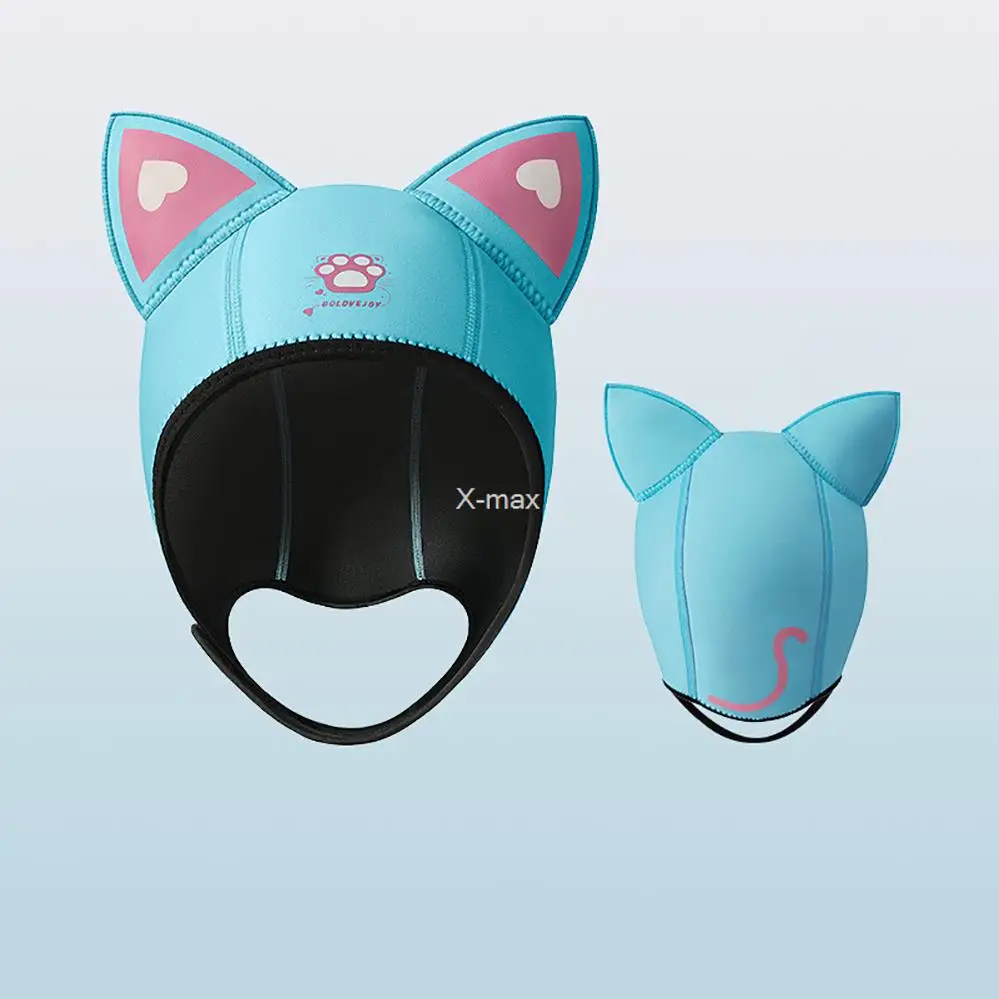 3MM Neopren Tauchen Haube Mit Kinn Riemen Frauen Nette Katze Ohren Wasserdichte Hut Neoprenanzug Haube Schwimmen Schnorcheln Kappen – Detail 8