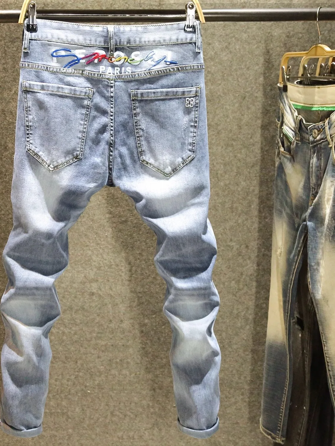 

Ele Slim Fit Printed Embroidered Jeans Men's High Elastici Trendy Casual Cotton Stretch Denim Pants Youth Faion