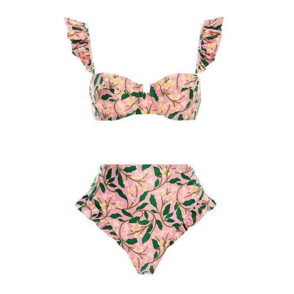 Women Swimsuit Bohemia Style Bikini Set with Ruffle Sleeve Bandeau Bra High Waist Swim Floral Print Beach Cover-up Wrap Skirt