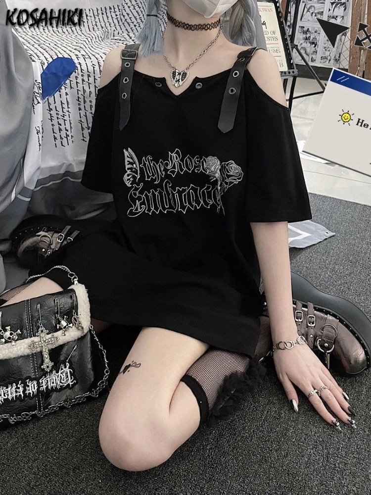 KOSAHIKI Printed Off Shoulder Women Tshirts Casual Streetwear Y2k Aesthetic T Shirt Girl Sweet Tops Harajuku Graphic Tees Grunge