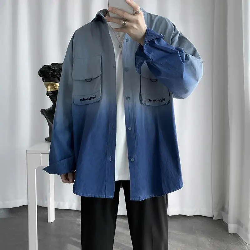 Workwear Shirt Men's Korean Version Long Sleeved Hanging Dye Shirt Hong Kong Style Loose and Versatile Gradient Color Jacket