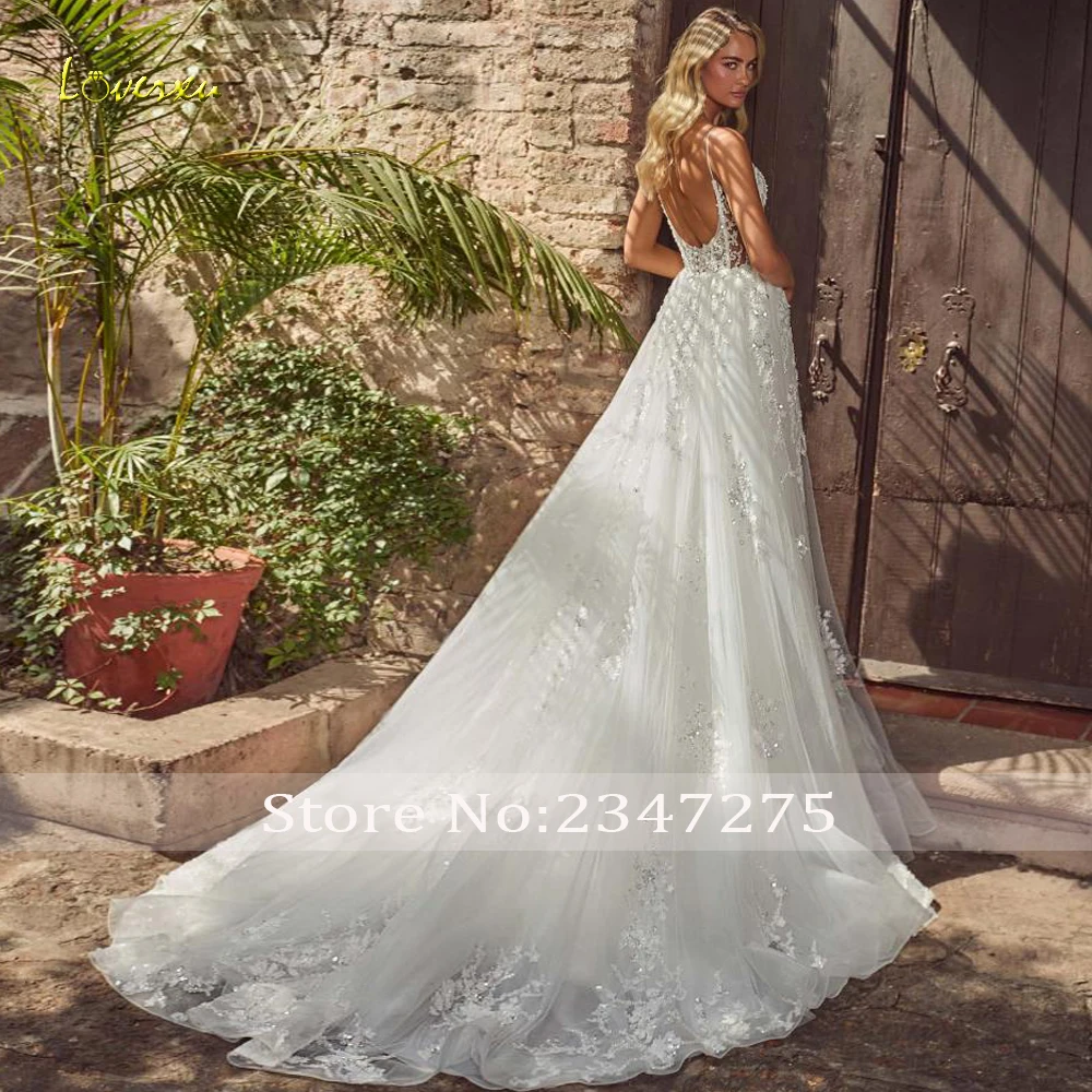 Loverxu sereia vestidos de casamento sexy colher cintas de espaguete vestido de novia bordado trem destacável feito sob encomenda vestido de noiva