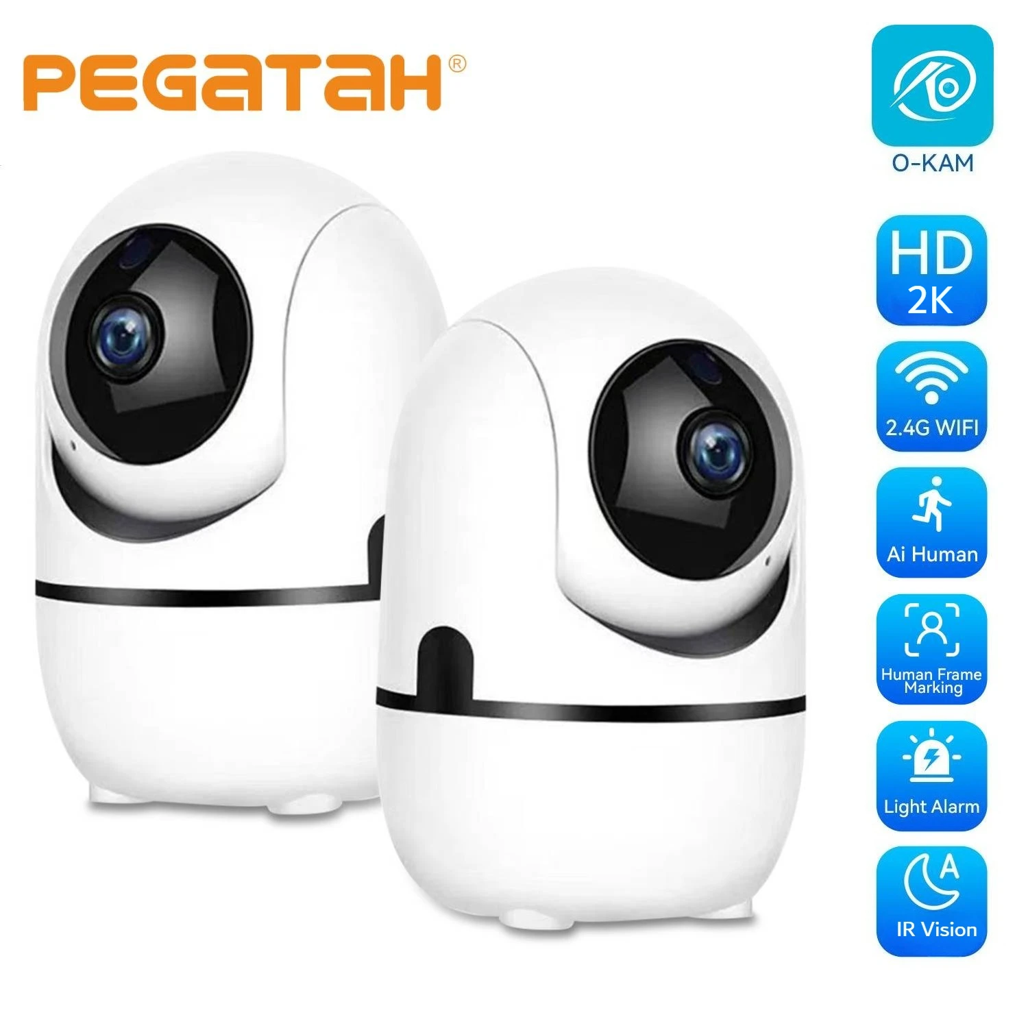 PEGATAH 2K Smart Home Wifi Camera 360° PTZ Automatic Tracking AI Detection Night Vision Security Surveillance Baby Monitor O-Kam