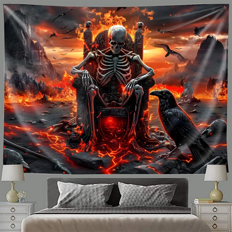 VIKAMA Halloween Gothic Wall Tapestry Hell Skeleton King Flame Lava Raven Crimson Sunset Volcano Dark Wallpaper Party Decoration