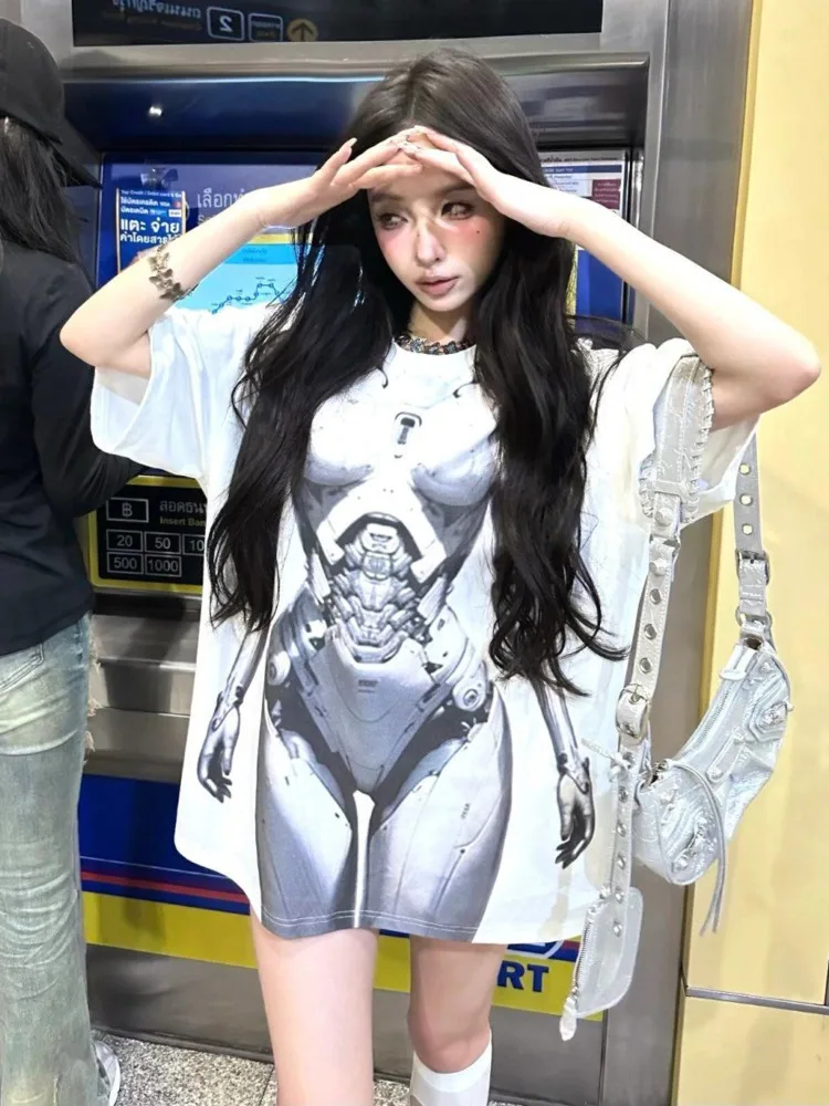 Y2k Personalized Cotton T-shirt Women Cyber Punk Robot Print T-shirs Anime Graphic Tees Summer Clothes Oversize Streetwear