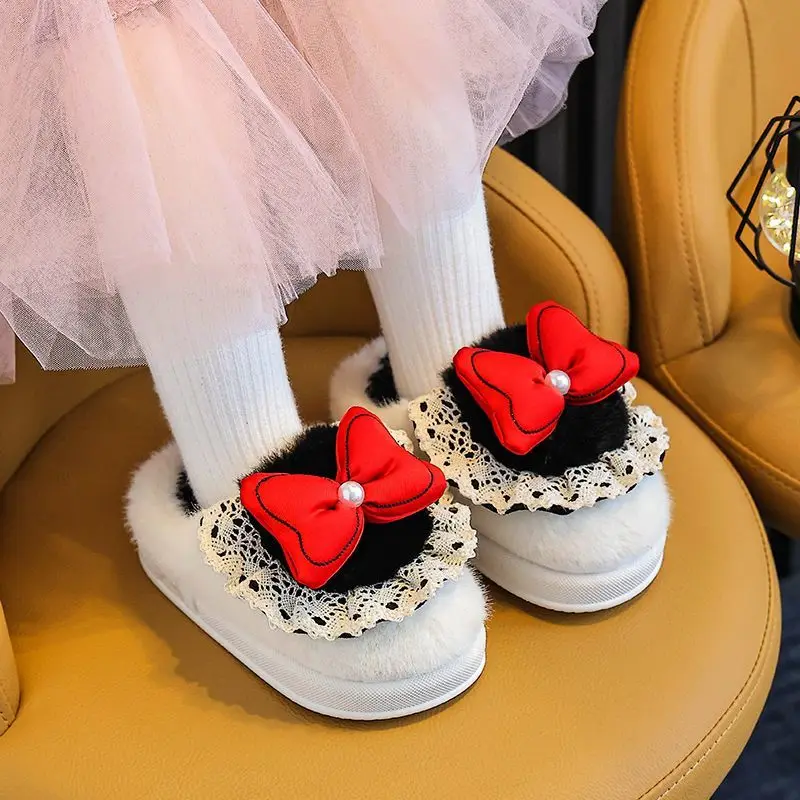 

Premium Kids Furry Plush Cotton Slippers with Bow Non Slip Warm Indoor Winter Slippers for Children Autumn Winter Cozy Shoes